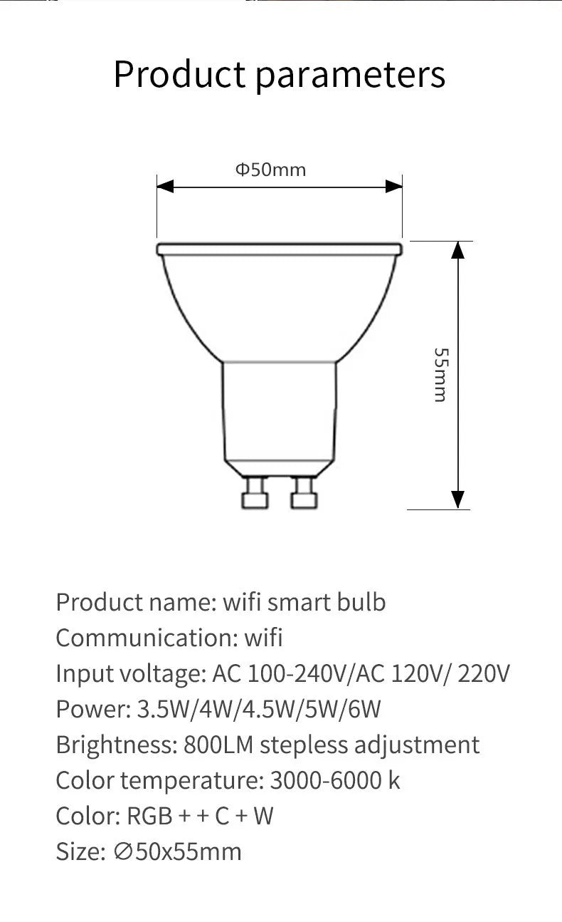 GU10 format smart wifi LED spotlight bulb with RGBCCT colour and voice control.
