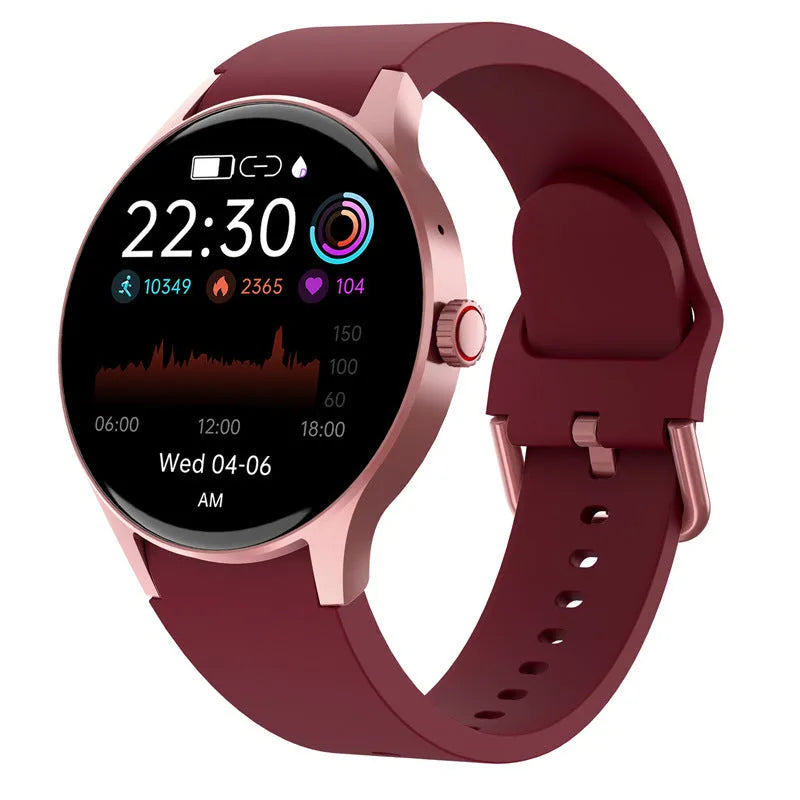 Smart Bluetooth sport watch with round touch screen on wrist, showing IP68 waterproof rating and 46mm diameter case
