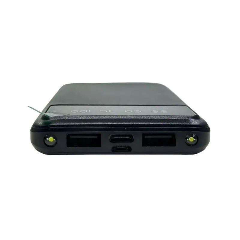 Black ultra-thin fast charging power bank with 10000mAh capacity measuring 67x14x140mm