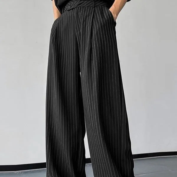 Men's black vertical striped pleated casual trousers showing front view