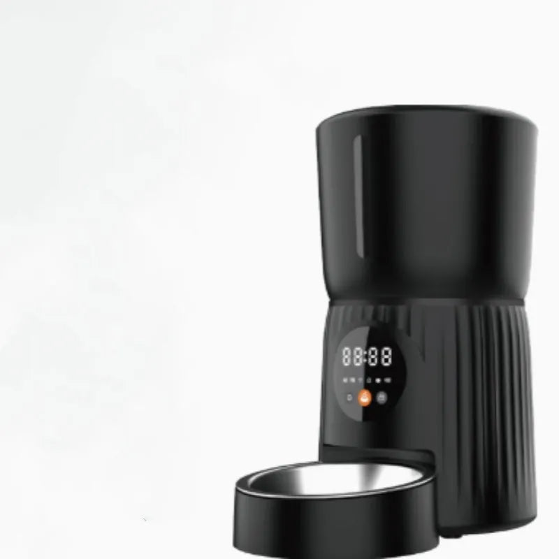 Black automatic pet feeder with digital display and food container for dogs and cats