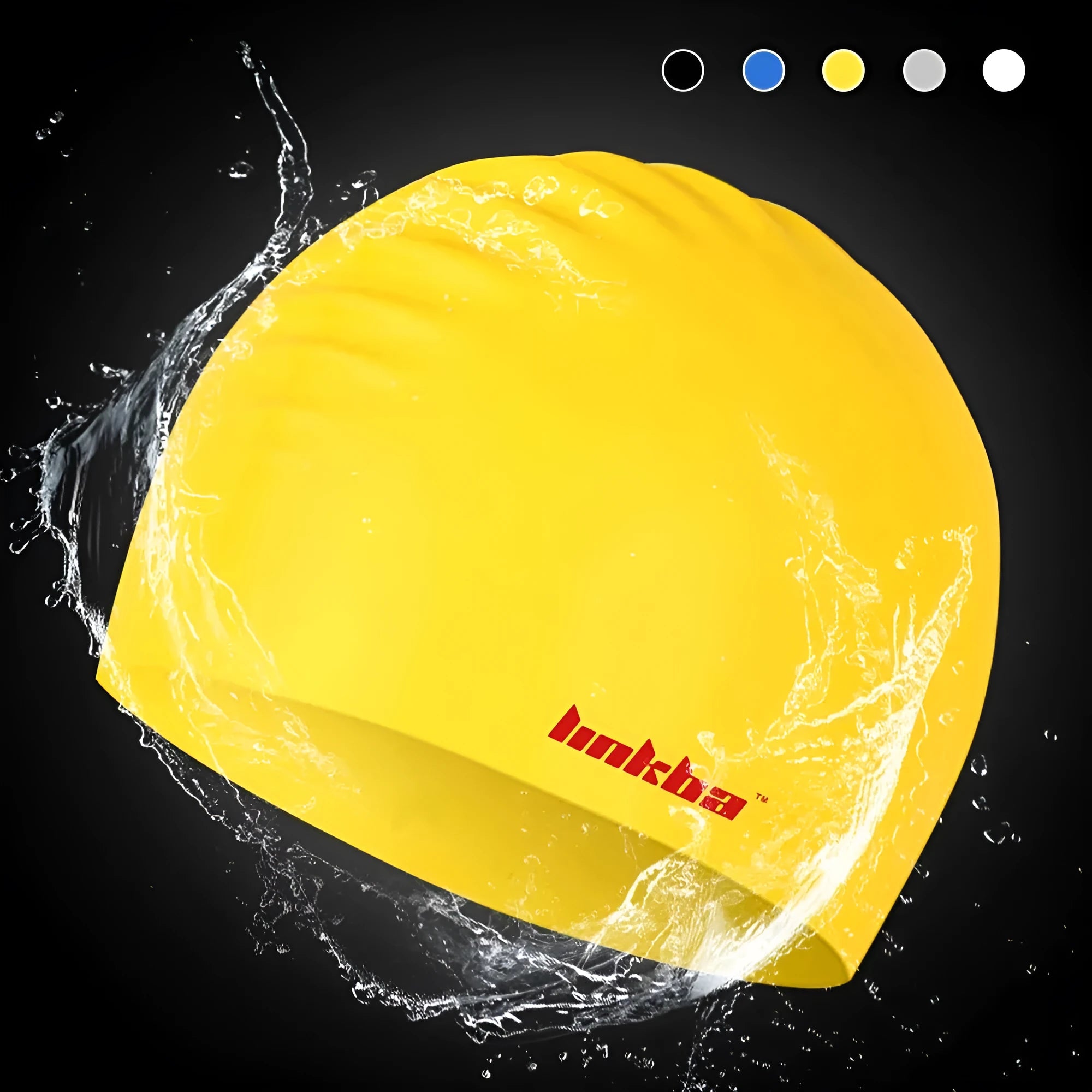 Silicone swimming cap with waterproof earmuffs in multiple colours on a blue background.