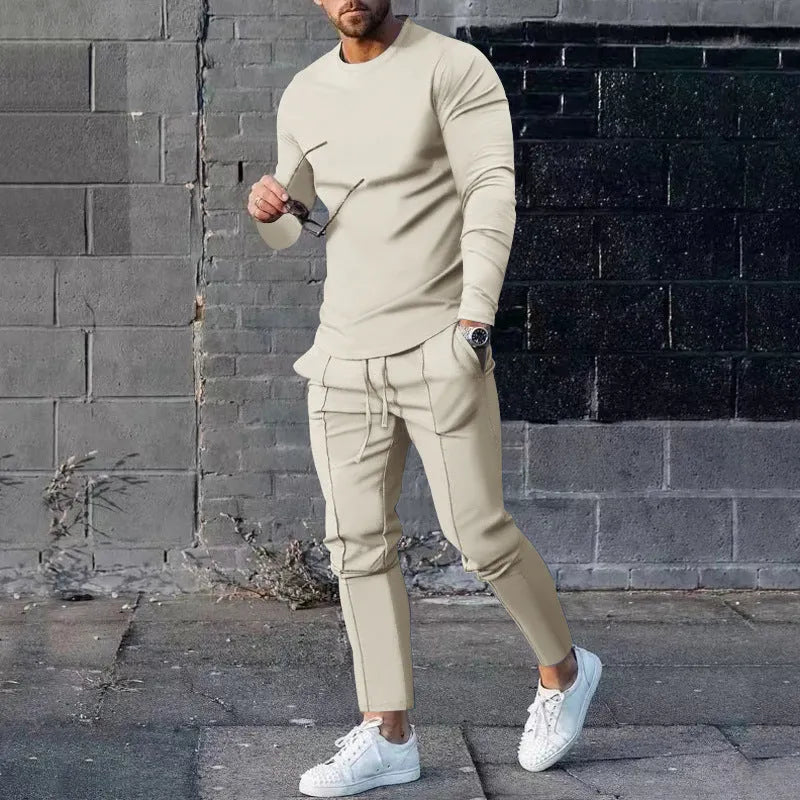 Men's light grey round neck long sleeve T-shirt and trousers two-piece polyester casual set