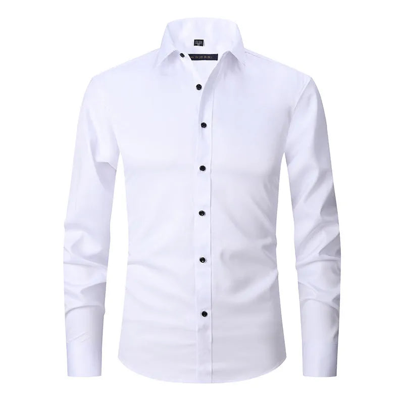 Man wearing a solid colour long sleeve polyester work shirt, showcasing the professional fit and style.