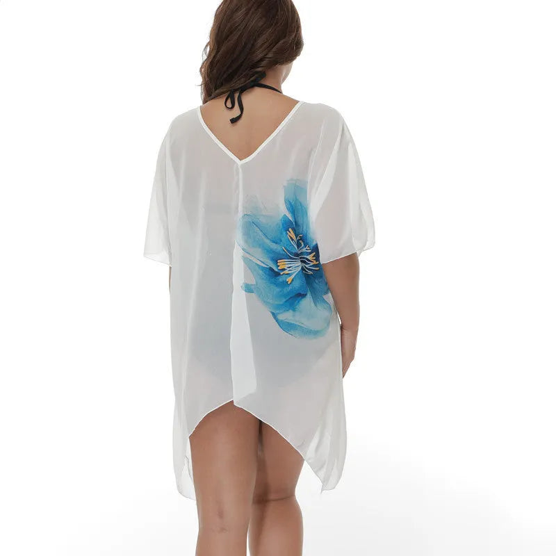 White plus size beach cover-up blouse with long sleeves for swimming sun protection