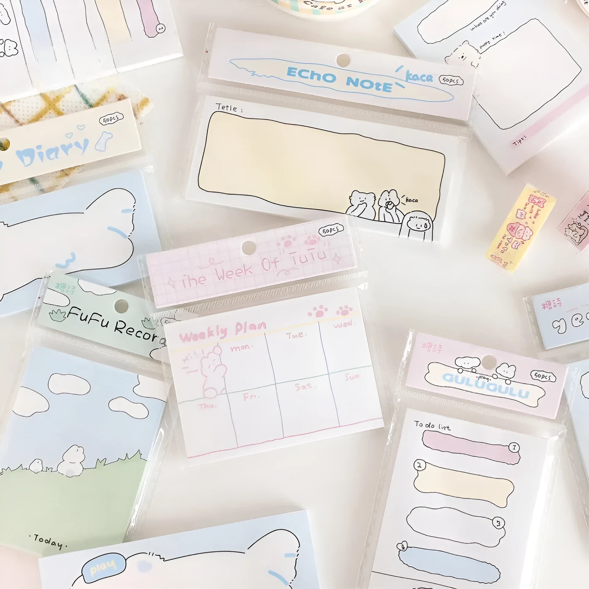 Heartbeat Delivery Series cartoon sticky notes notepad showing six style options including Echo Notes and Puppy Diary.