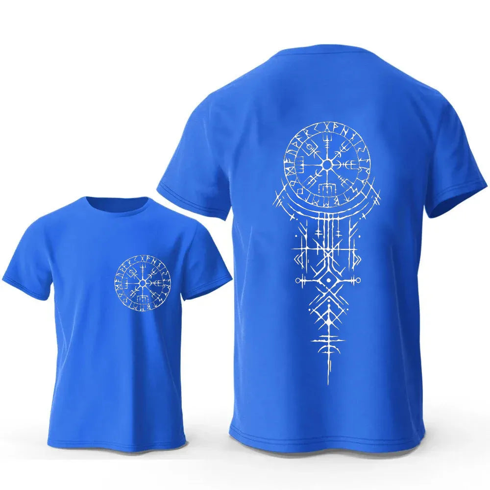 Man wearing a black cotton T-shirt with a detailed white Viking rune compass graphic on the chest.