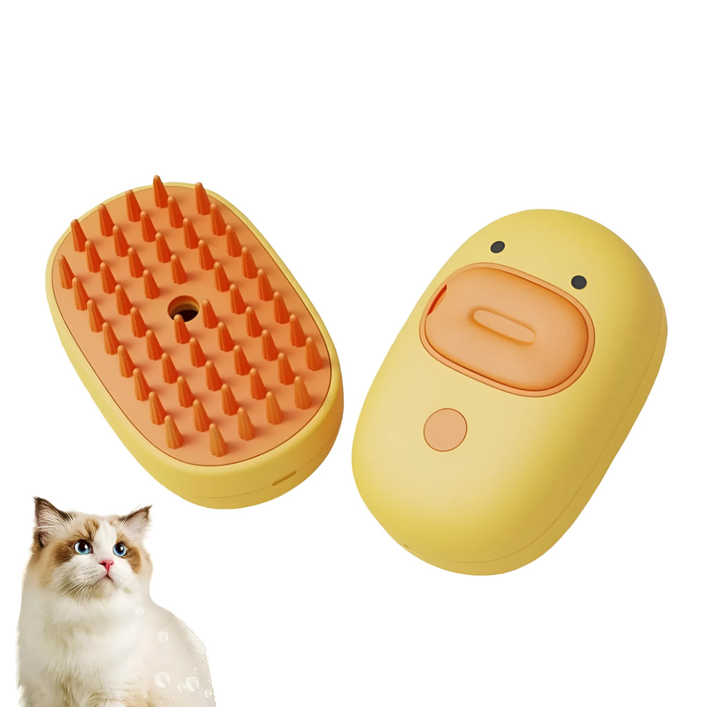 White and yellow rechargeable steam pet grooming brush with rubber comb teeth