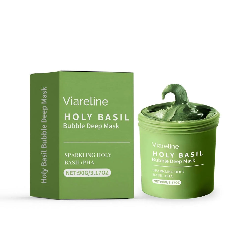 Holy Basil Bubble Deep Mask tube and product foam on hand
