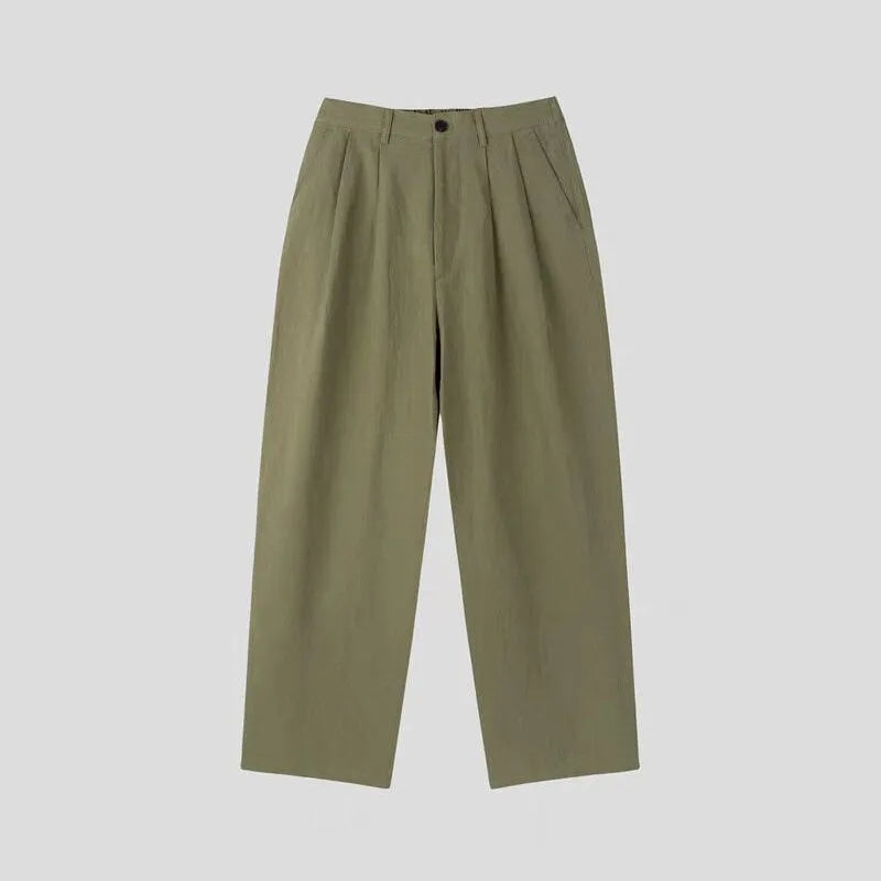 Men's cotton linen blend wide leg trousers in apricot, army green or purplish blue with micro-elastic waistband