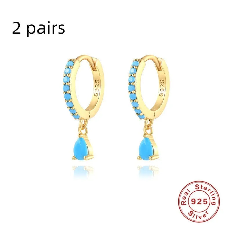 S925 sterling silver water drop earrings with geometric shape and decorative elements
