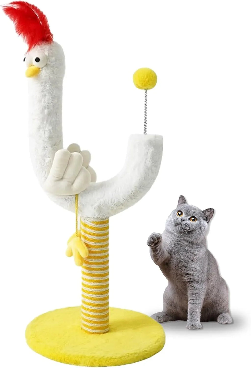 Yellow U-shaped sisal cat scratching post with spring ball attachment measuring 35×35×88cm