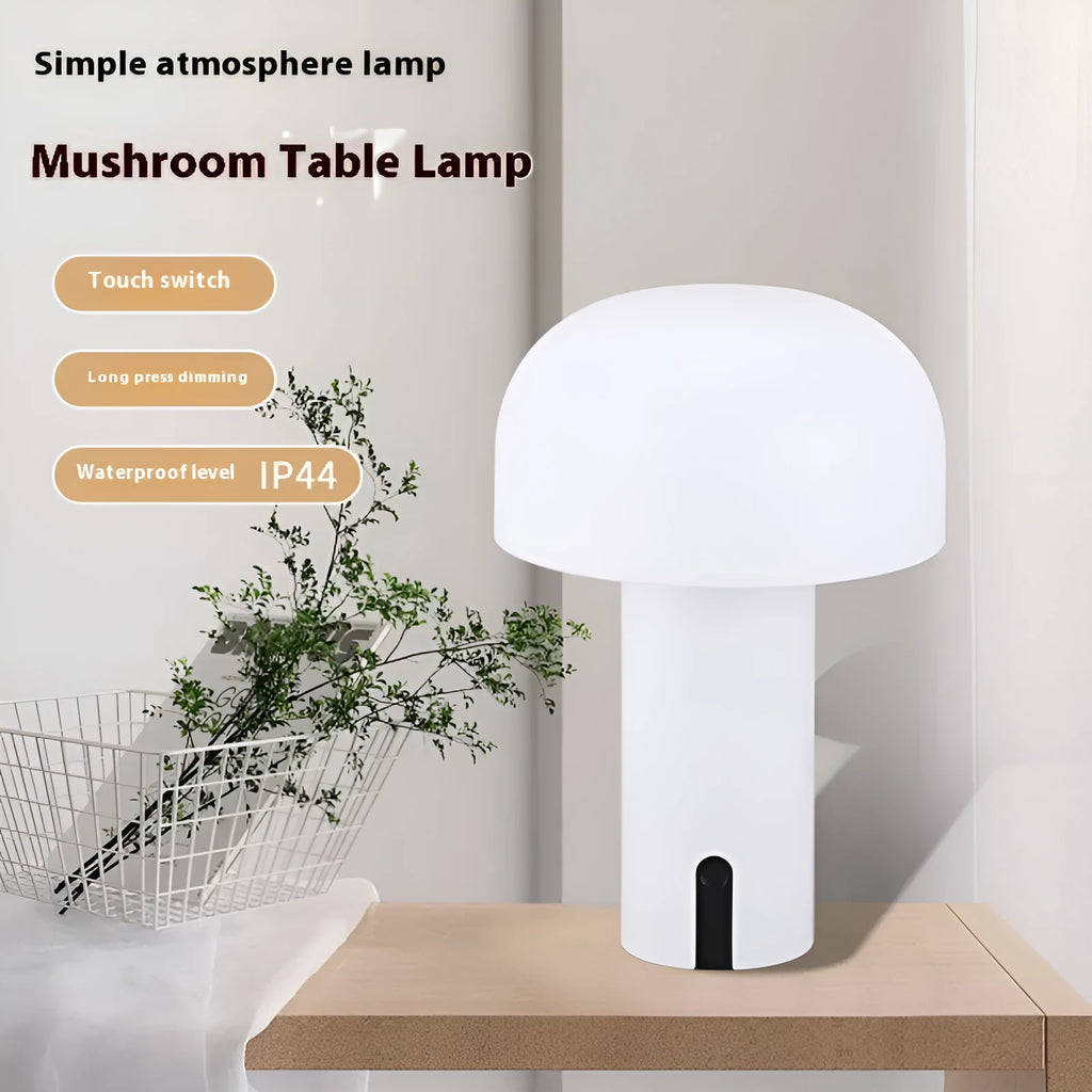 Decorative LED mushroom night light in white with warm white glow, touch switch, and USB port