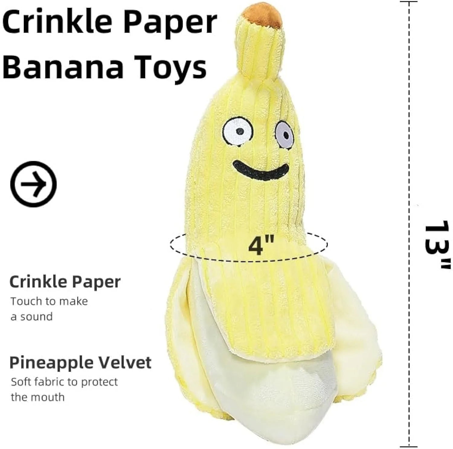 Yellow banana cat toy with crinkle sound measuring 13 inches long