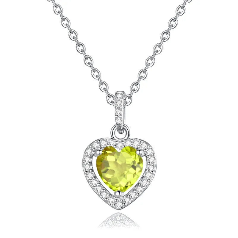 S925 sterling silver heart necklace with inlaid natural gemstone pendant on adjustable cross chain
