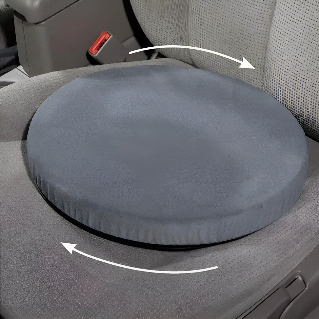 Grey rotating car seat cushion showing 360-degree swivel mechanism on a car seat.