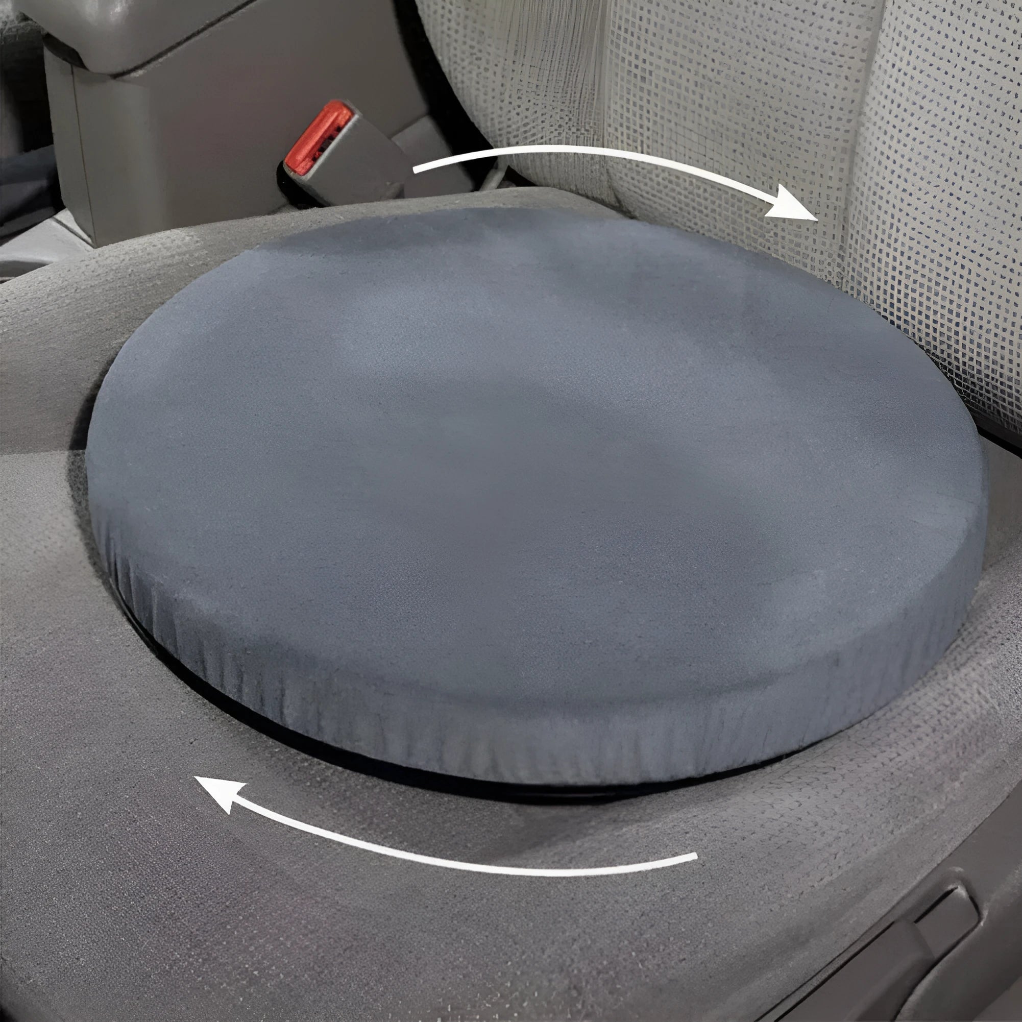 Grey rotating car seat cushion showing 360-degree swivel mechanism on a car seat.