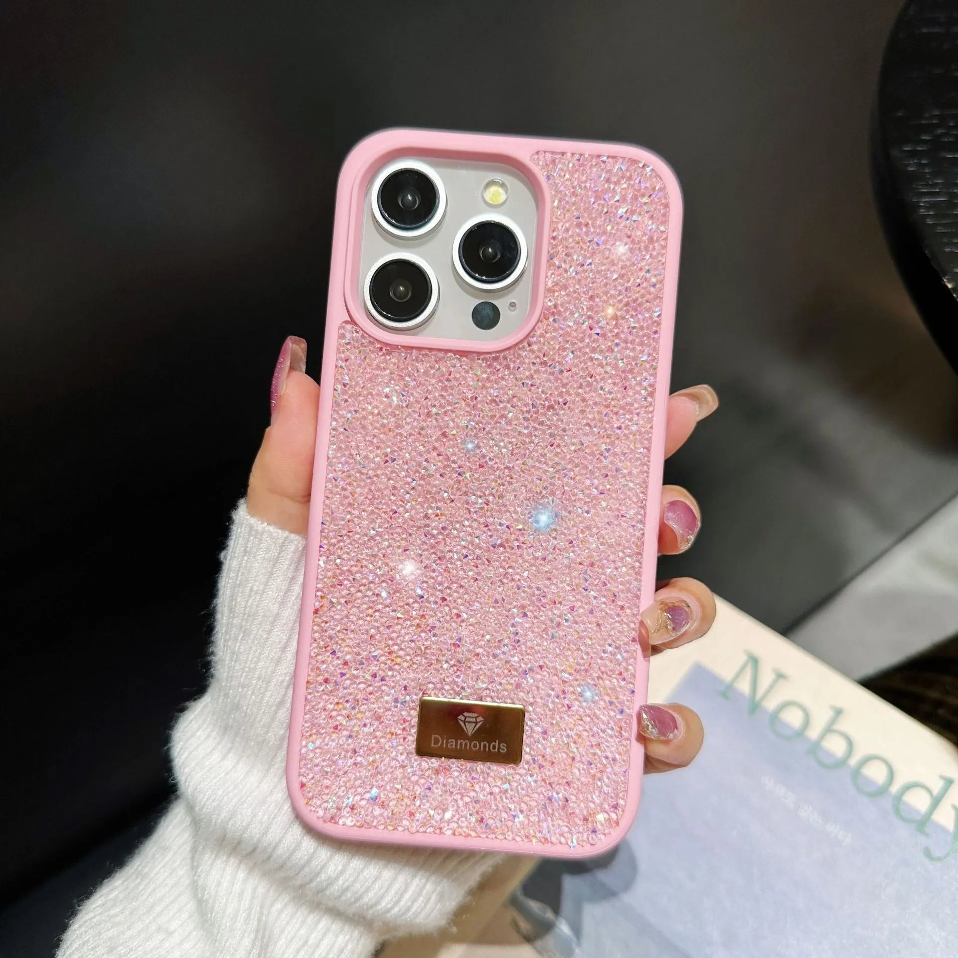 Luxury rhinestone graphene mobile phone shell in black with full diamond covering compatible with iPhone models