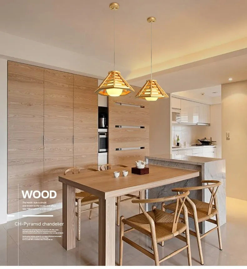 Modern minimalist bamboo woven woodcraft ceiling pendant lamp in wood colour with LED light source, 35cm or 50cm size