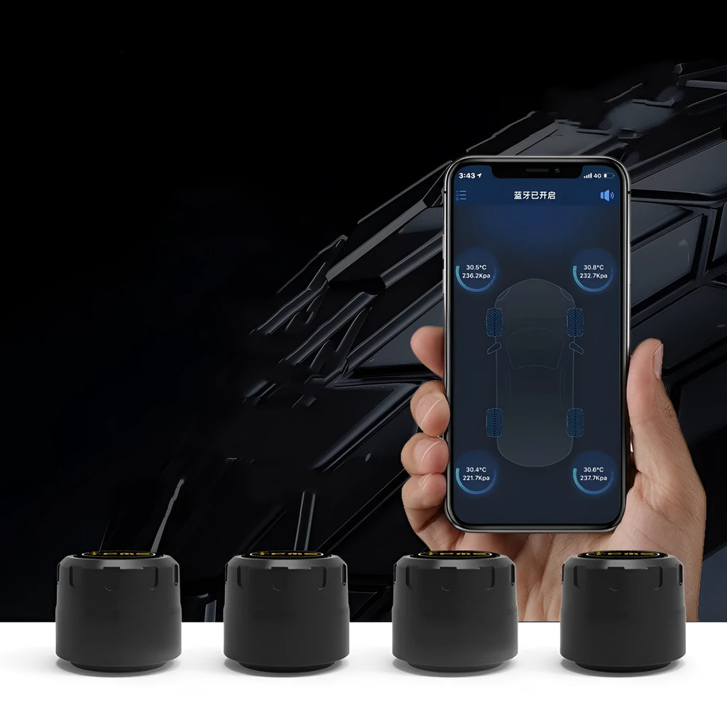 Black Bluetooth 5.0 automotive tyre pressure monitoring system kit with four external sensors and a wrench