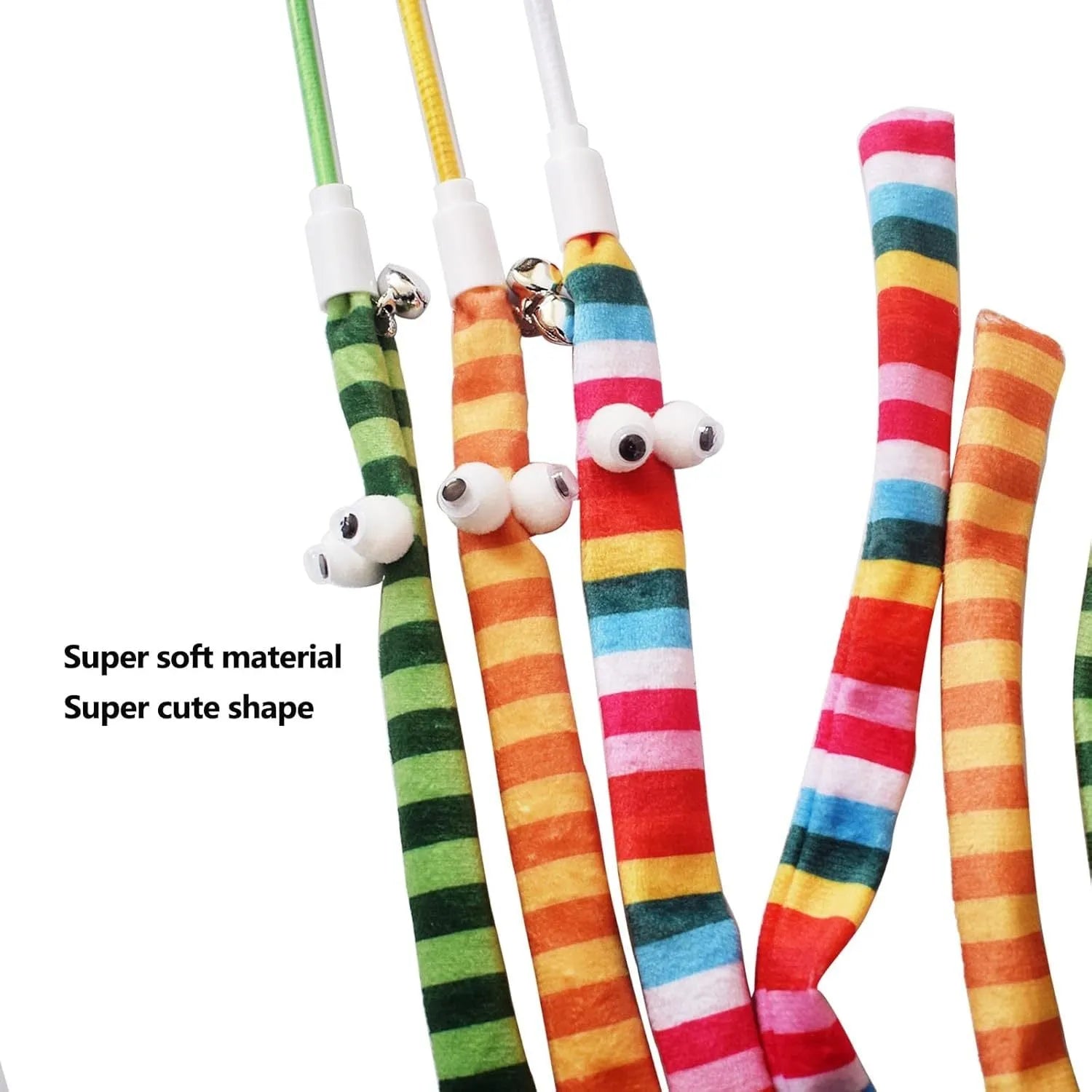 Cat wand toy with polycarbonate pole and plush strip in green, orange, and rainbow colours