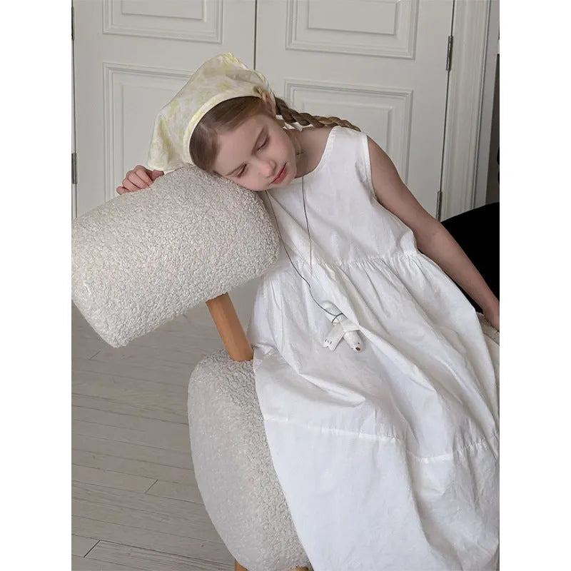 New girls white suspender French dress made of cotton with dot pattern for summer