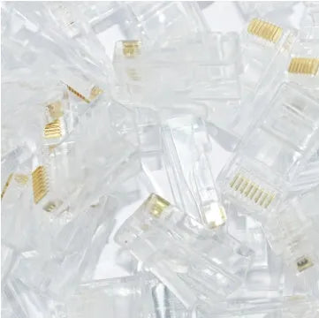 White RJ45 network modular plug with gold-plated three-fork contacts and all-copper insert.