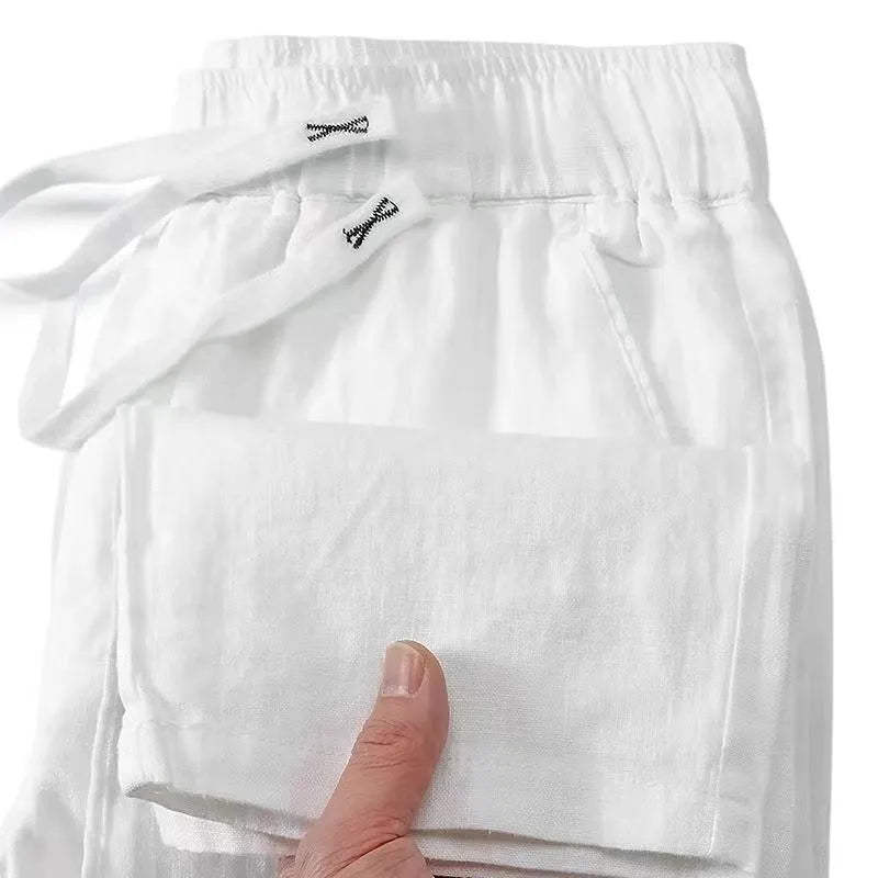 Chinese-style straight-leg linen-blend trousers with an elastic drawstring waist