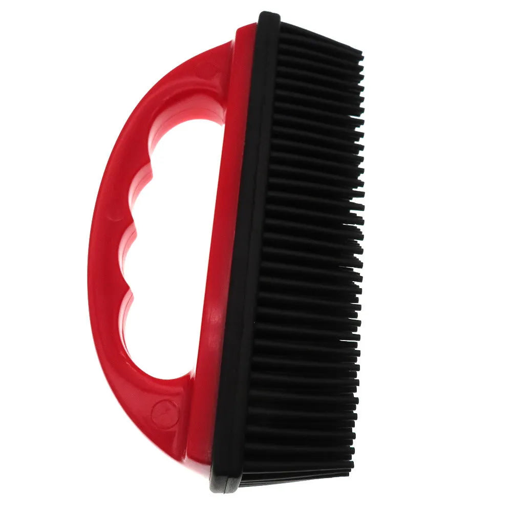 Red silicone pet hair removal brush with massage function for dog grooming and carpet cleaning