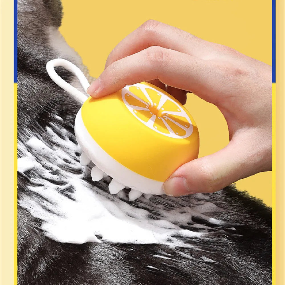 Yellow silicone pet bath brush with massage bristles for dogs and cats grooming