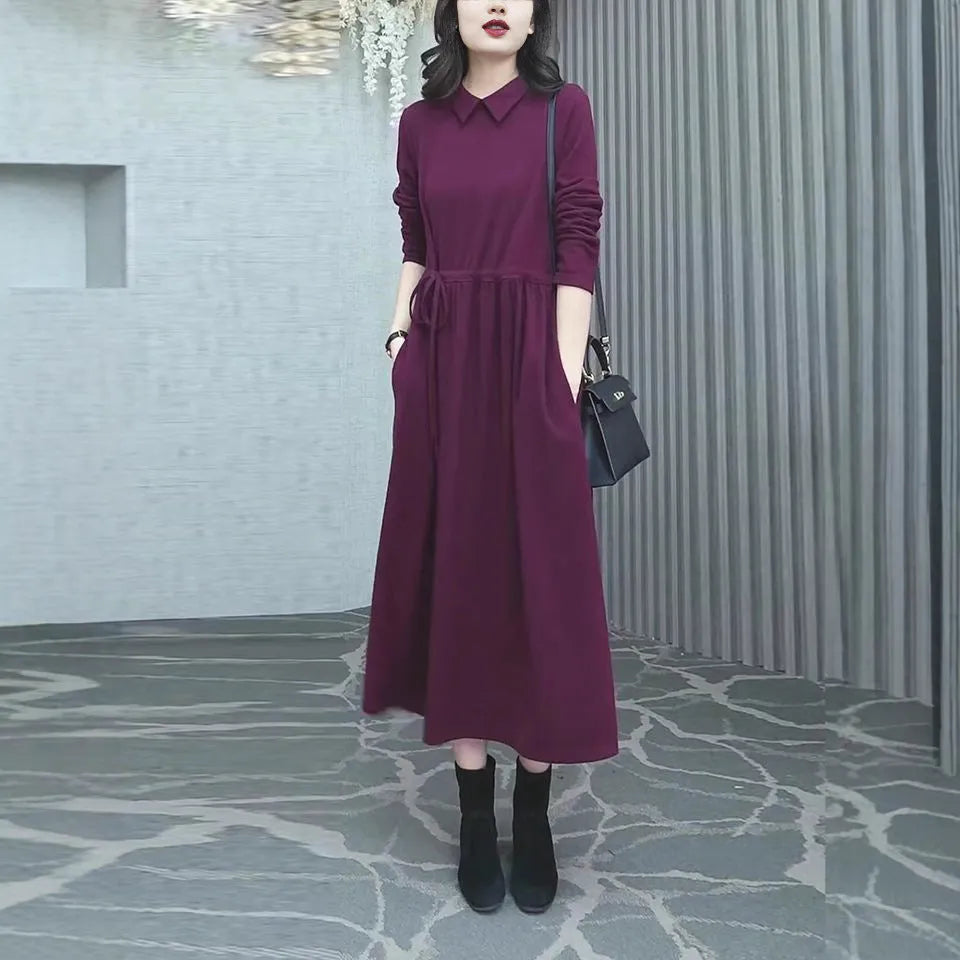 Purplish red plus size women's dress with extra long sleeves and urban style design