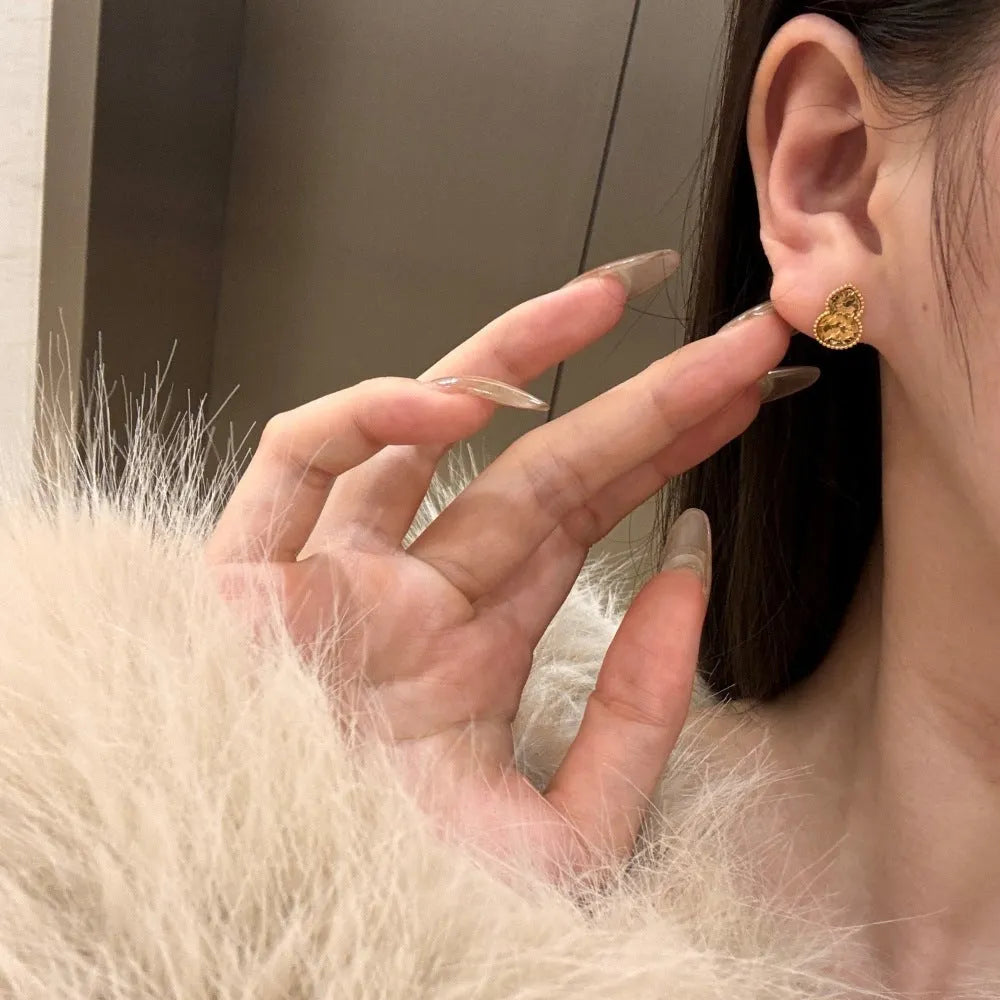 Silver 925 sterling silver gourd shape scale pattern stud earrings octagonal geometric retro women