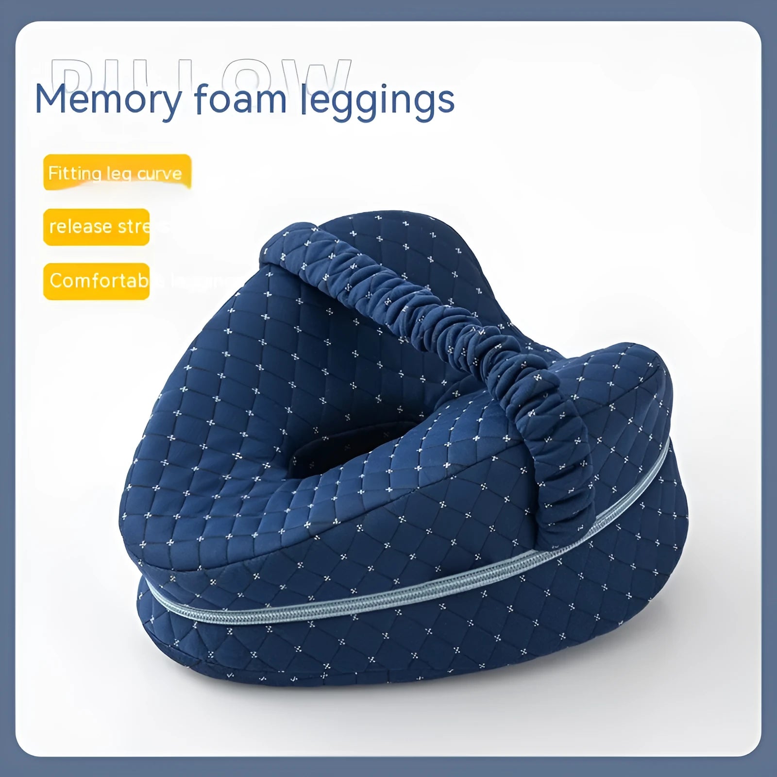 Heart-shaped dark blue memory foam leg pillow for adults on a bed