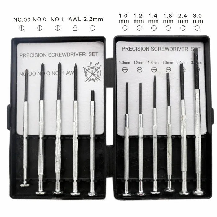 TH-6177 11-piece clock repair and electronics screwdriver set with assorted heads on a white background.