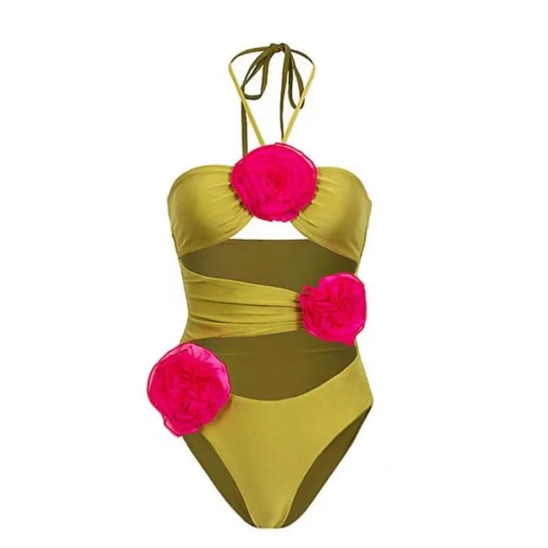 French one-piece solid colour polyester swimsuit for women with cut out design, shown in front view on mannequin