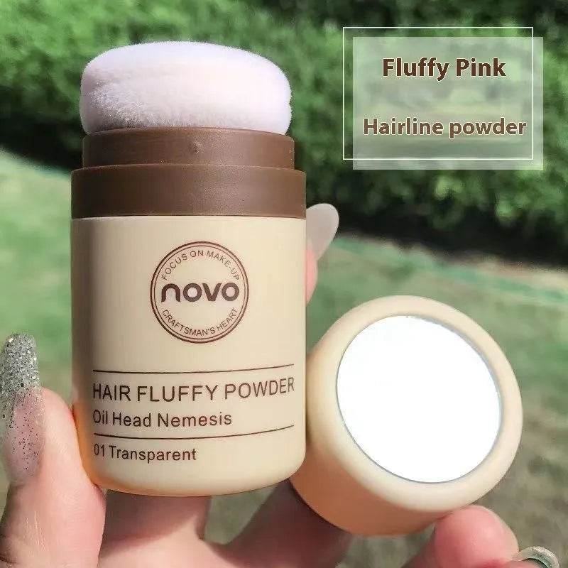 Oil control powder container showing transparent, brown, and dark brown powder variants for hair and facial application