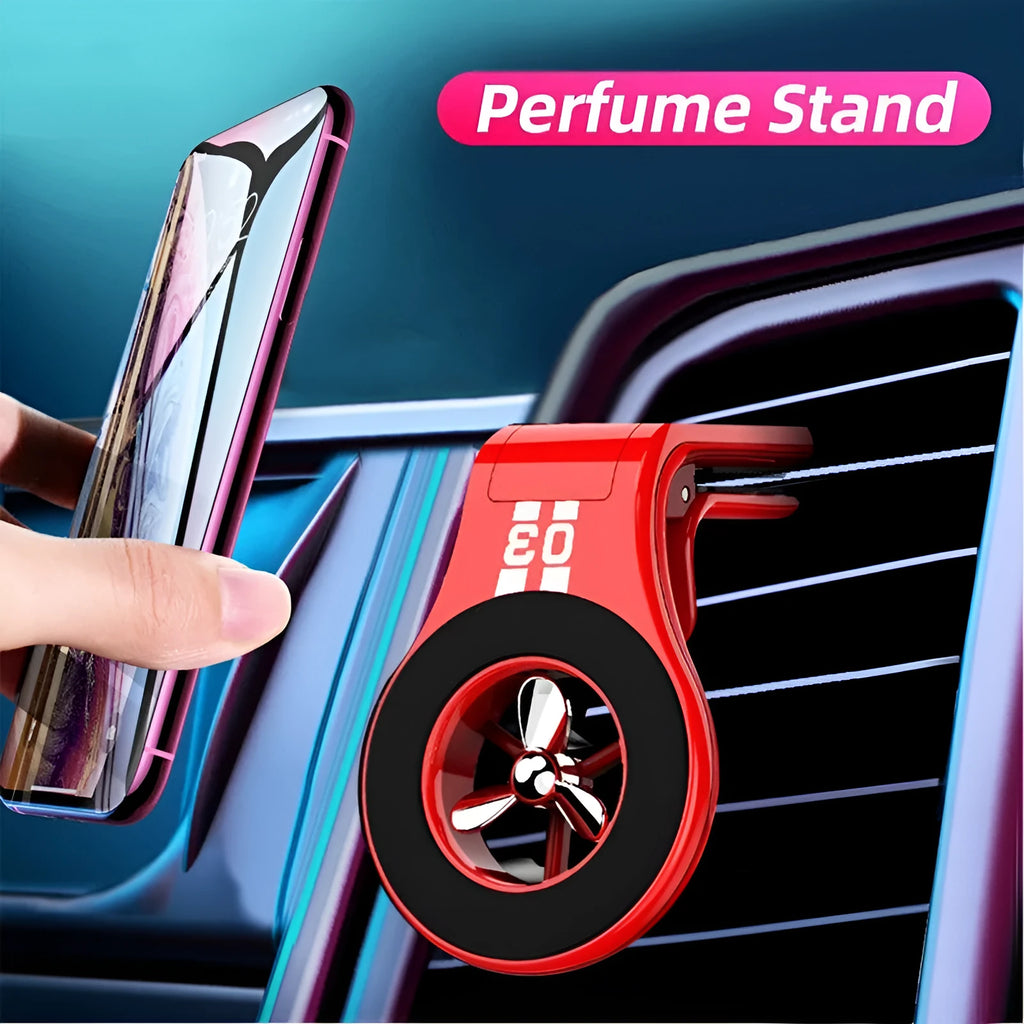 Black magnetic car air vent phone holder with adjustable clip and perfume slice attached