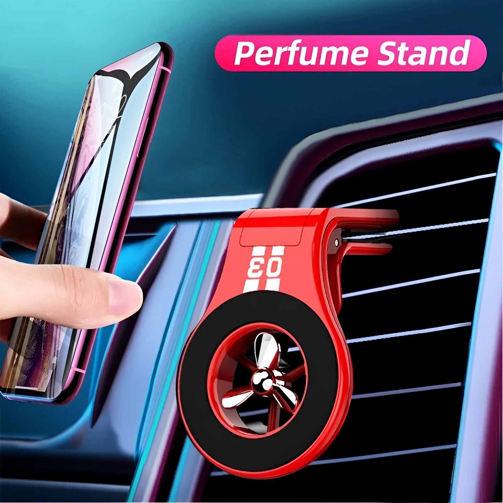 Black magnetic car air vent phone holder with adjustable clip and perfume slice attached
