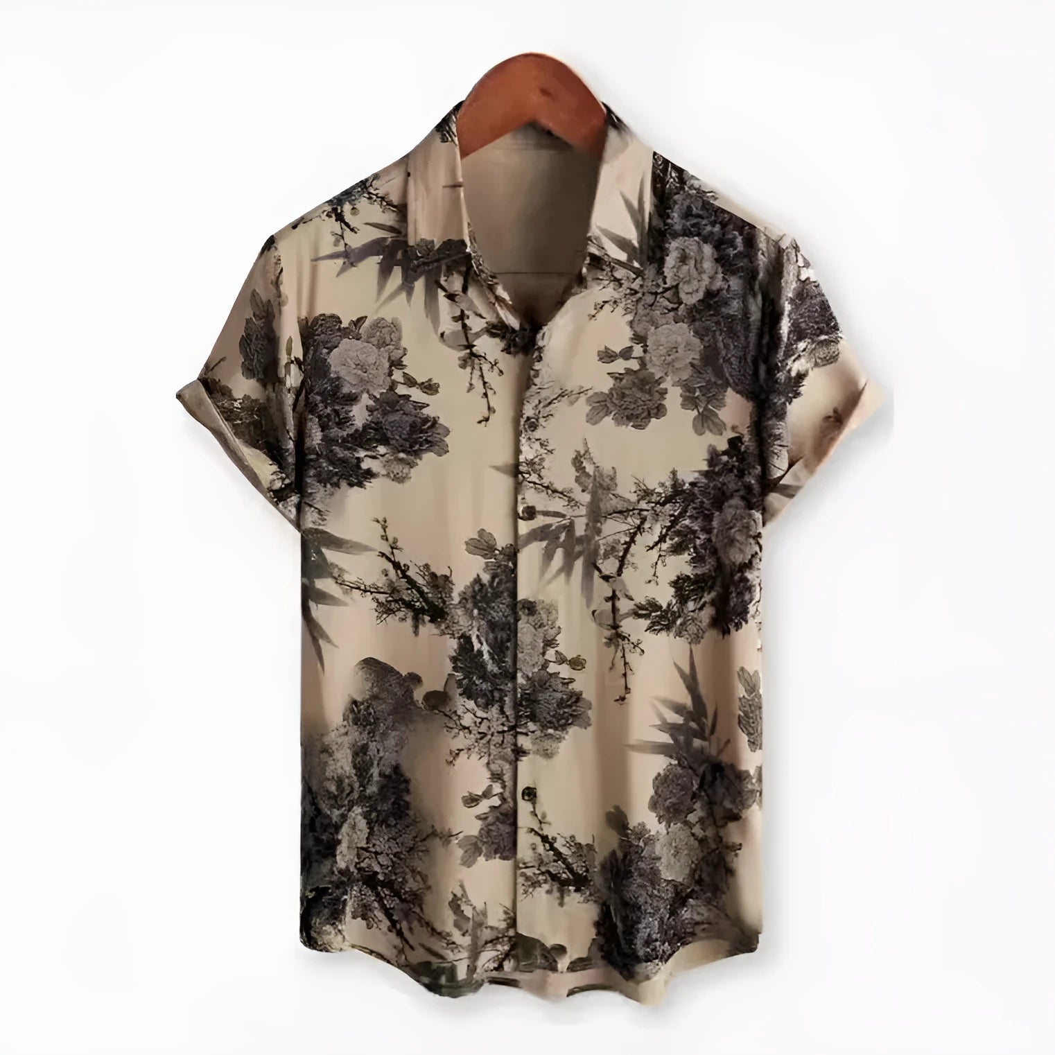 Man wearing a short sleeve Hawaiian print shirt with a floral lapel, made from elastic polyester fabric.
