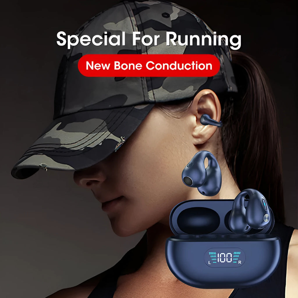 Q80 bone conduction Bluetooth headset clip in black, showing ear clip design for open-ear listening.