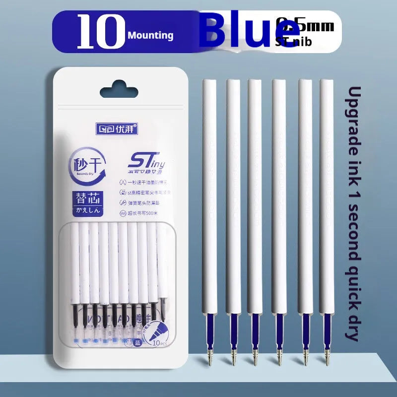 Pack of ten quick-drying pen refill cartridges in black, blue, red, and ink blue colours