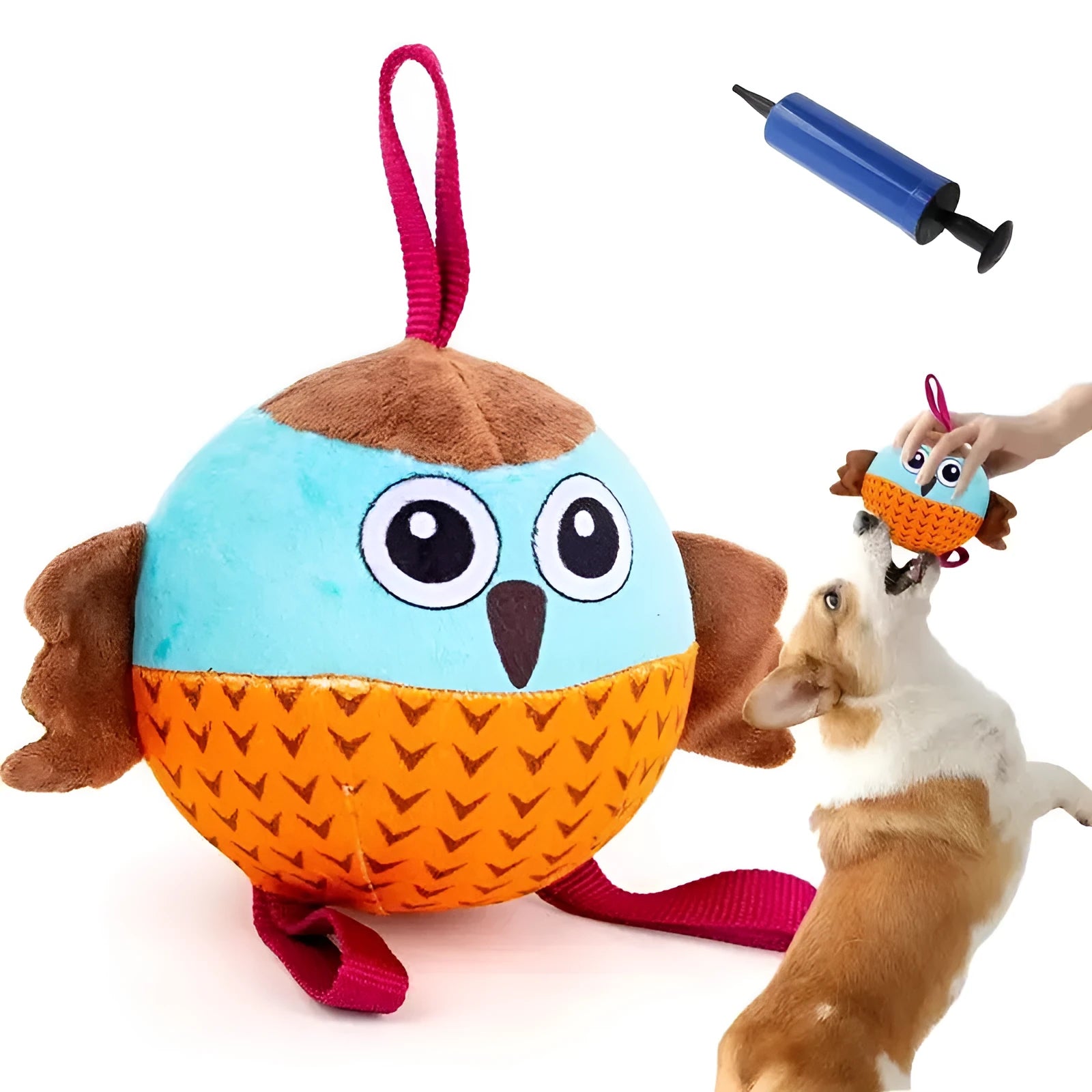 Orange interactive owl ball dog toy made from velvet and rubber for chewing and boredom relief