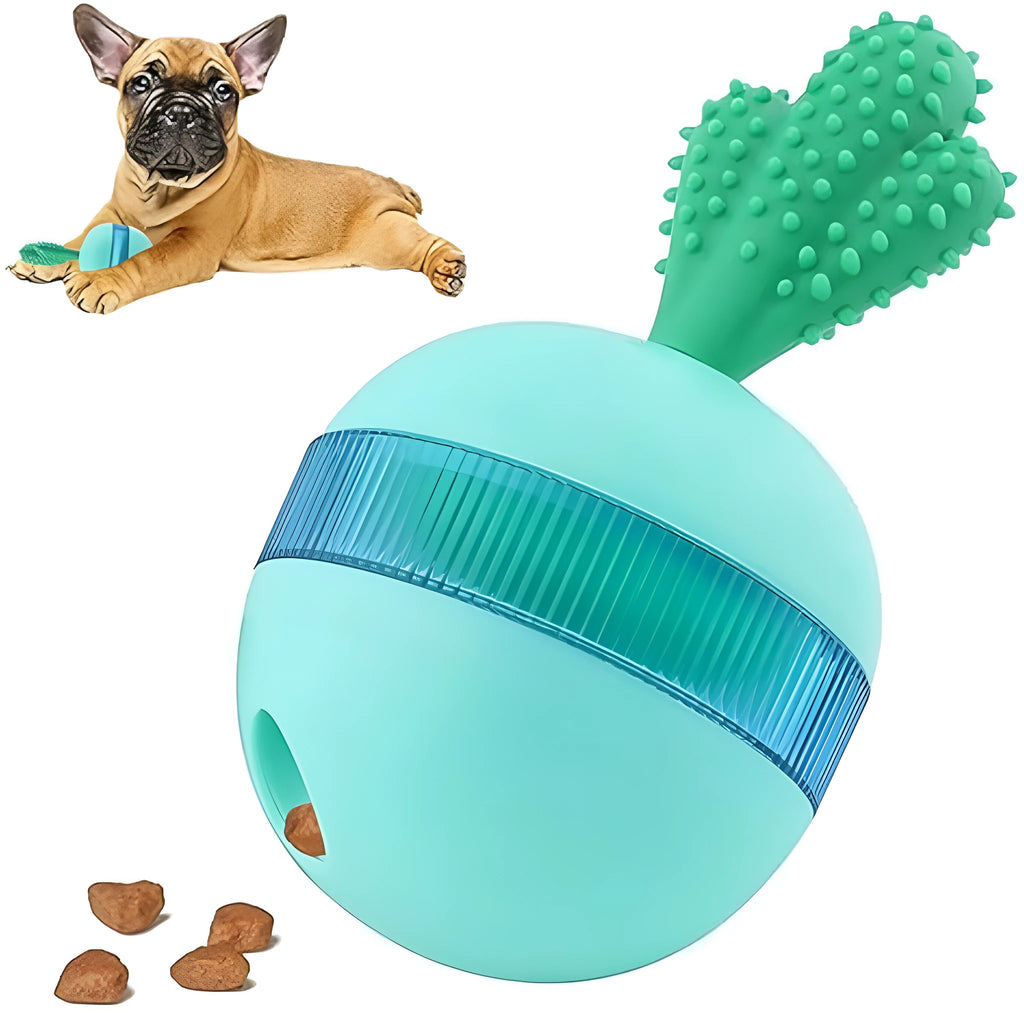 Blue and green durable rubber treat dispensing ball for medium large dogs with tumbler design