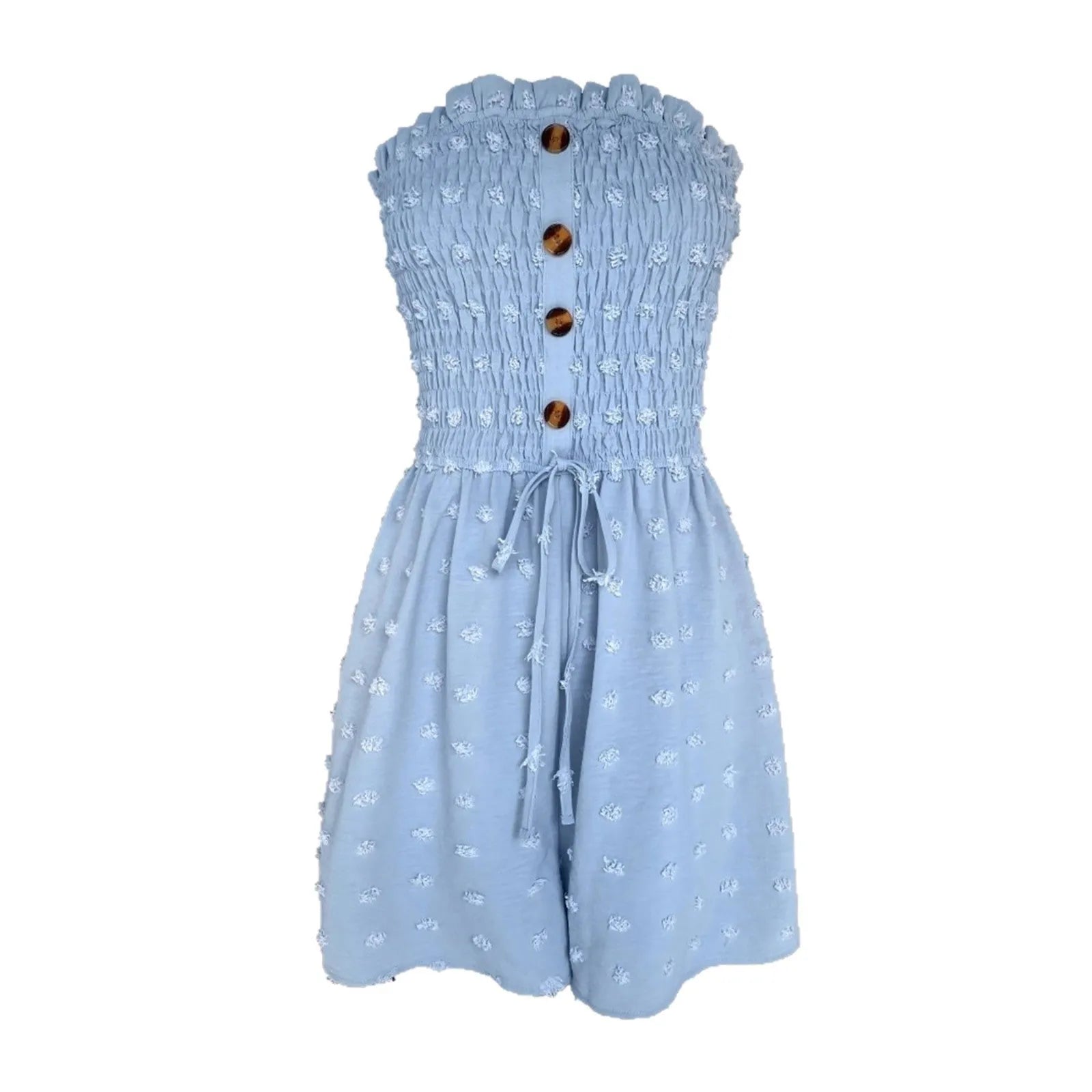 Blue women's off-shoulder sleeveless jumpsuit with button detail on mannequin