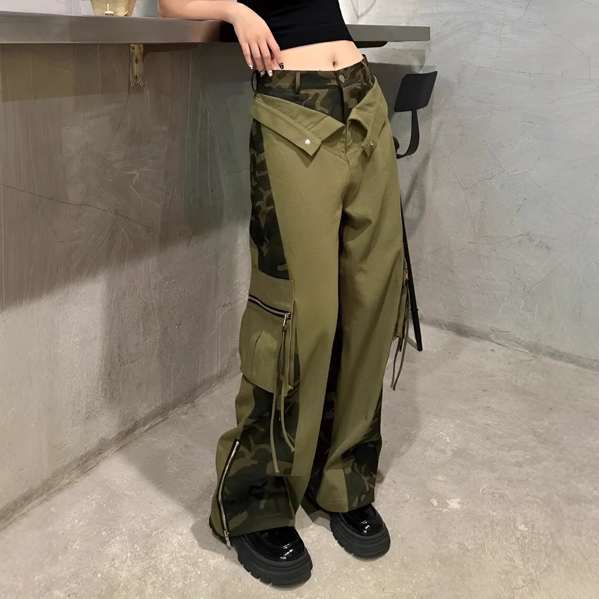Women's dark khaki leopard print high waist straight leg jeans with retro tooling style details.