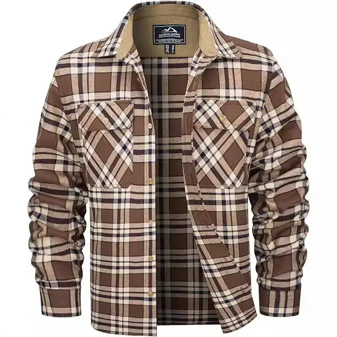 Men's casual plaid button shirt in cardigan style for winter, available in multiple colours.
