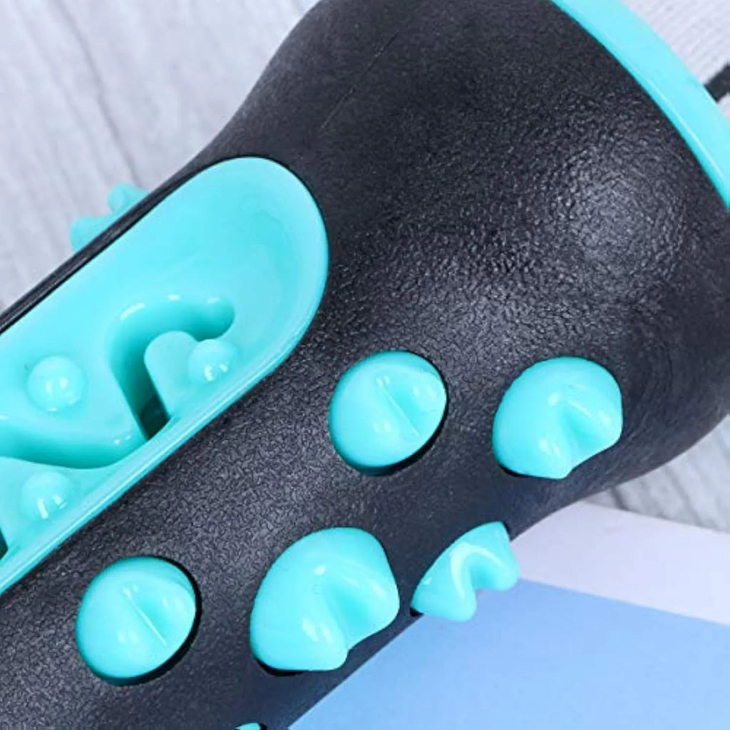 Natural rubber dog toothbrush chew toy in blue colour for dental cleaning, showing textured stick design