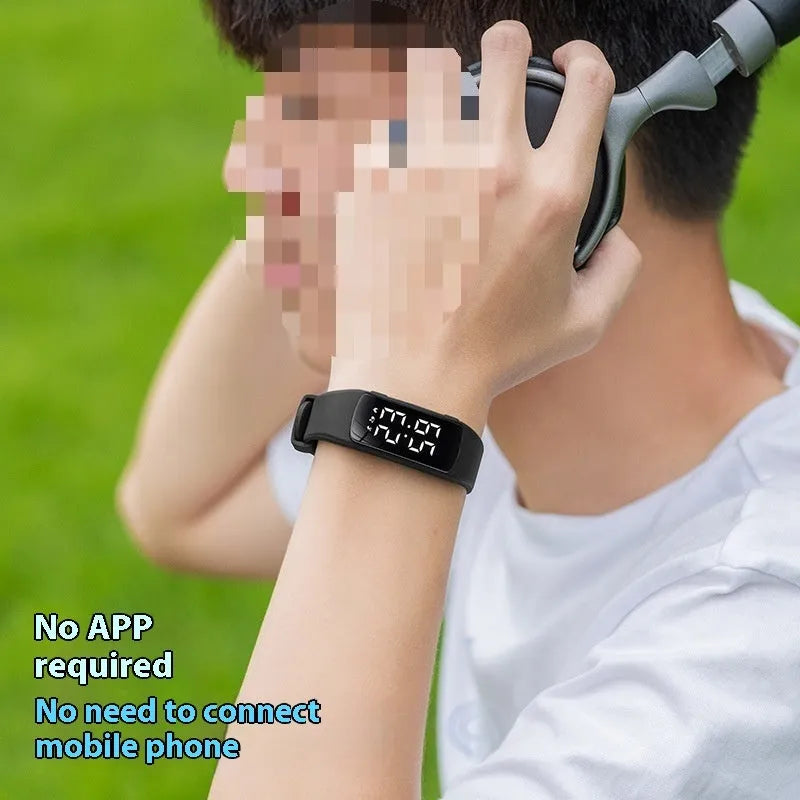 Vibration alarm waterproof electronic watch with coloured silicone strap and LED display.