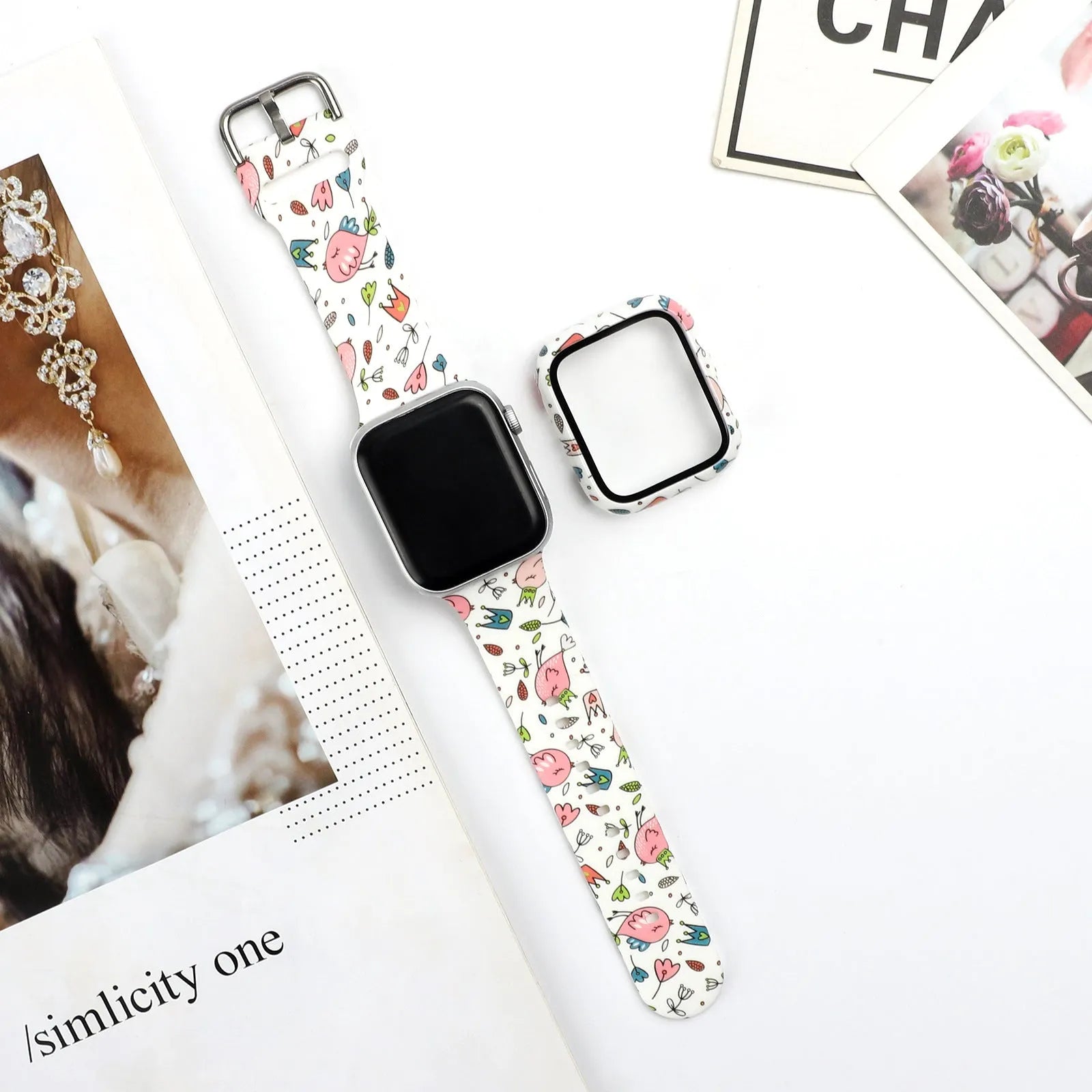 Printed silicone replacement watch strap for Apple Watch in multiple sizes and style designs.