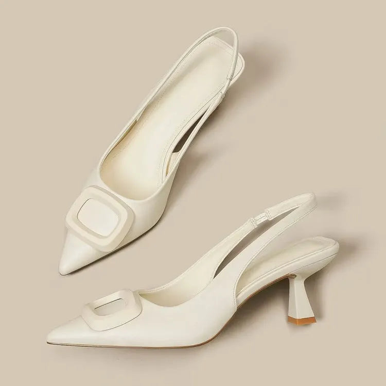 Pointed Toe Classy High Heels Women's French Square Buckle Dress Shoes Microfiber Rubber Commuting Work Heels Available in Black Cream White Silver Sizes 35-39